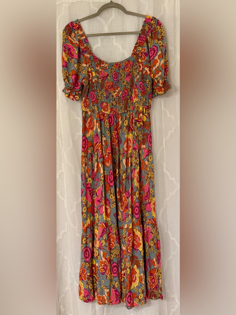 ZESICA XL Floral Boho Maxi Dress Smocked Waist Puff Sleeve Multicolor